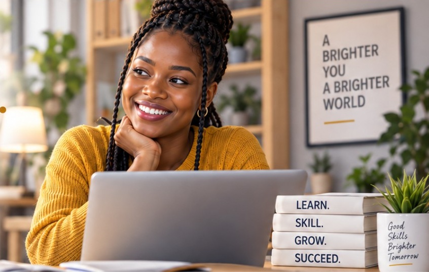 A learner studying online at her laptop beside a lamp, a motivational board and a stack of books